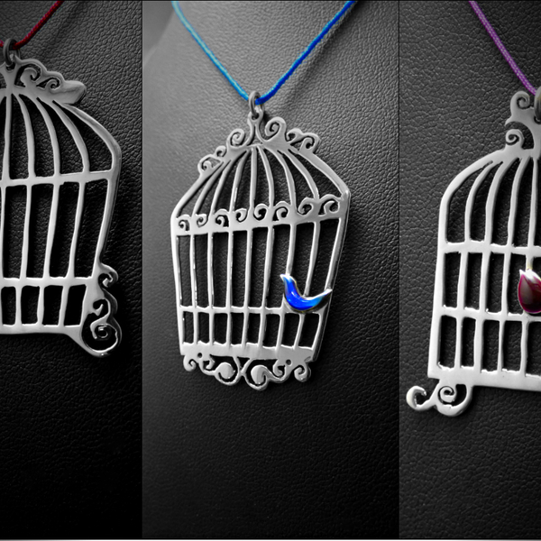 " Freedom " - Μενταγιόν επάργυρα με σμάλτο σε σχήμα κλουβιού!
