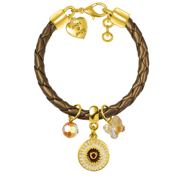 Βραχιόλι Δερμάτινο Με Swarovski Και Ματάκι Από Ορείχαλκο Επιχρυσωμένο