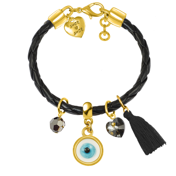 Βραχιόλι Δερμάτινο Με Swarovski Και Ματάκι Από Ορείχαλκο Επιχρυσωμένο