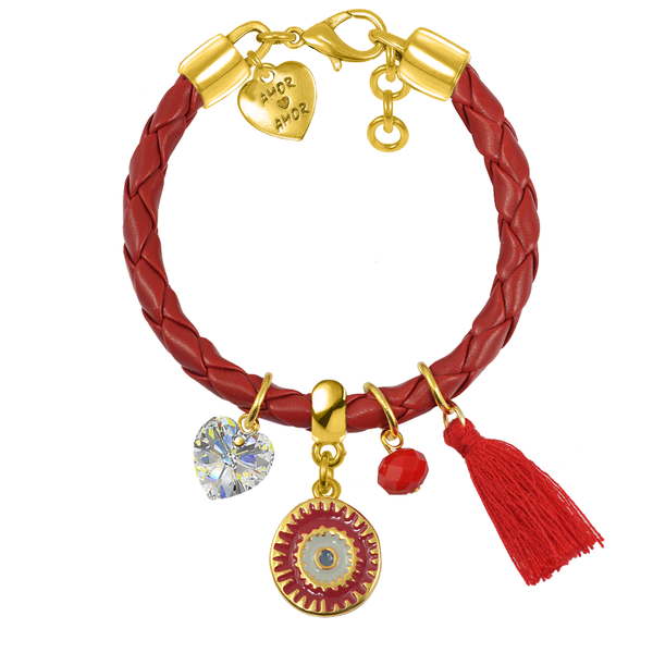 Βραχιόλι Δερμάτινο Με Swarovski Και Ματάκι Από Ορείχαλκο Επιχρυσωμένο