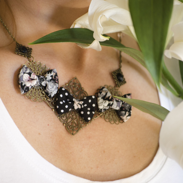 Black Floral Dots Necklace