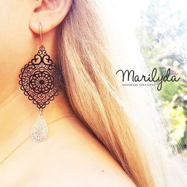 Black filigree rosegold drop