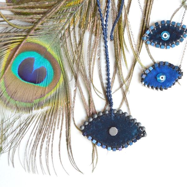 Κολιέ Evil eye κεντητό βελούδινο μπλε