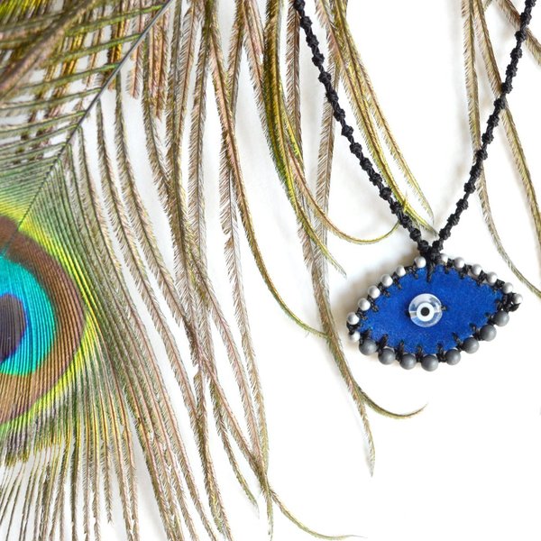 Κολιέ Evil eye κεντητό βελούδινο μπλε