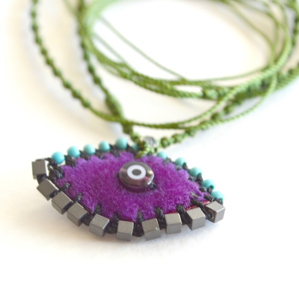 Κολιέ Evil eye κεντητό βελούδινο, μωβ - μπορντώ