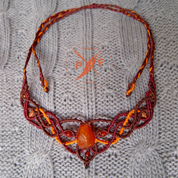 Statment boho chic macrame πλεκτό περιδέραιο με Κορνεόλη.
