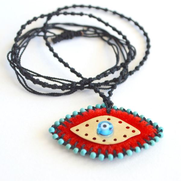 Κολιέ μεγάλο Evil eye κεντητό βελούδινο, κόκκινο χρυσό