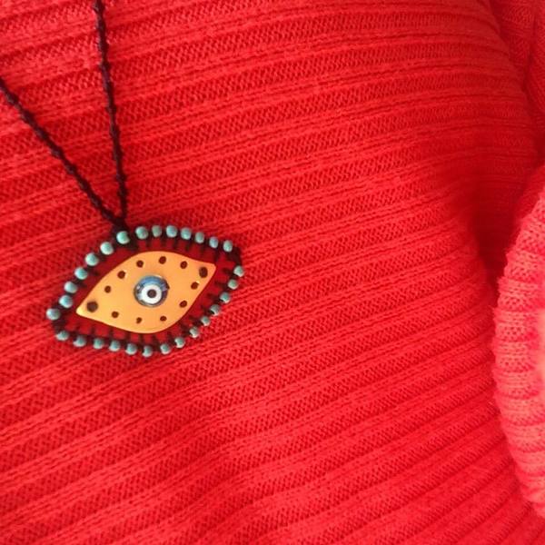 Κολιέ μεγάλο Evil eye κεντητό βελούδινο, κόκκινο χρυσό