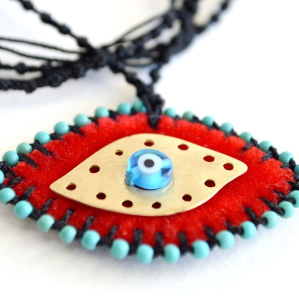 Κολιέ μεγάλο Evil eye κεντητό βελούδινο, κόκκινο χρυσό