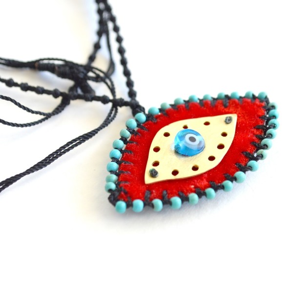 Κολιέ μεγάλο Evil eye κεντητό βελούδινο, κόκκινο χρυσό