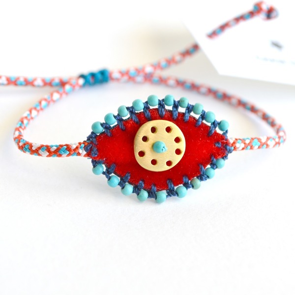 Βραχιόλι Evil eye κεντητό βελούδινο, κόκκινο χρυσό