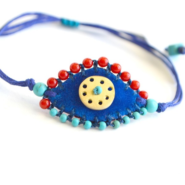 Βραχιόλι Evil eye κεντητό βελούδινο, μπλε- χρυσό