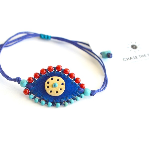 Βραχιόλι Evil eye κεντητό βελούδινο, μπλε- χρυσό