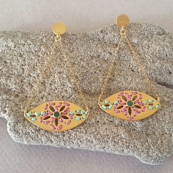 Josephine mini stone earrings-Χειροποίητα Κεντητά Σκουλαρίκια Από Επιχρυσωμένο Ασήμι 925
