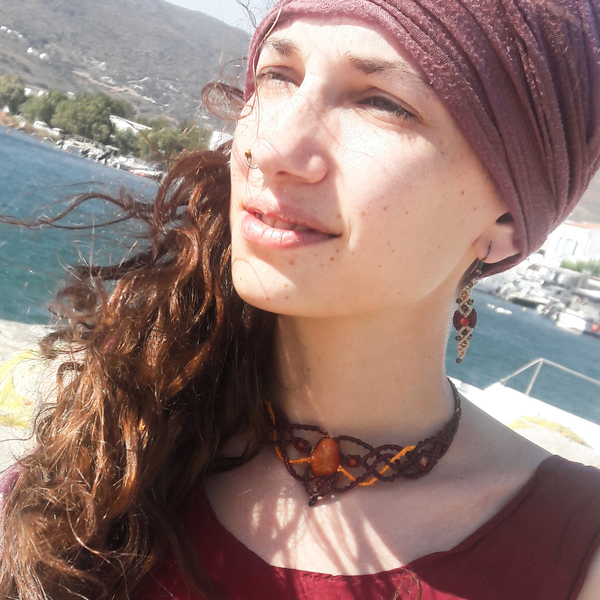 Statment boho chic macrame πλεκτό περιδέραιο με Κορνεόλη.