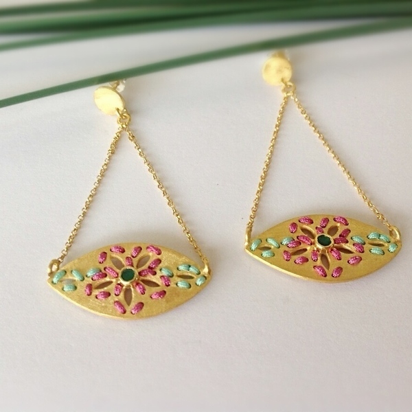 Josephine mini stone earrings-Χειροποίητα Κεντητά Σκουλαρίκια Από Επιχρυσωμένο Ασήμι 925