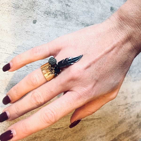 Feather lava & hematite ring