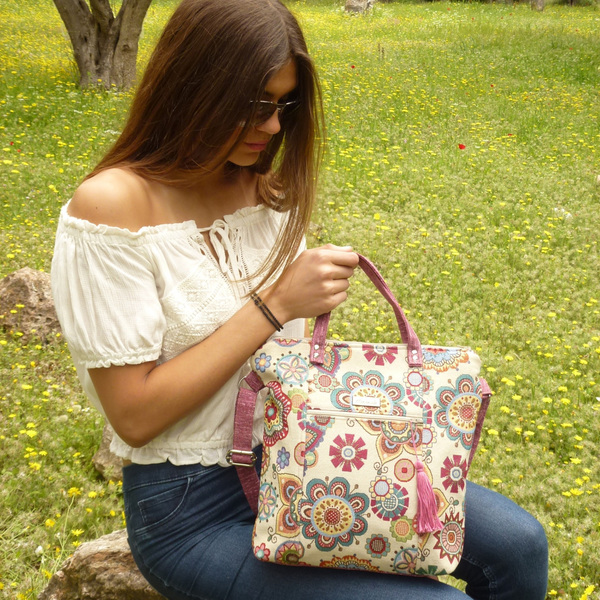 Χιαστί φλοράλ tote bag με λουριά χειρός