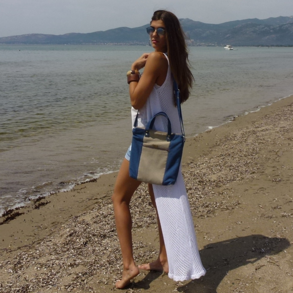Χιαστί μπλε tote bag με λουριά χειρός