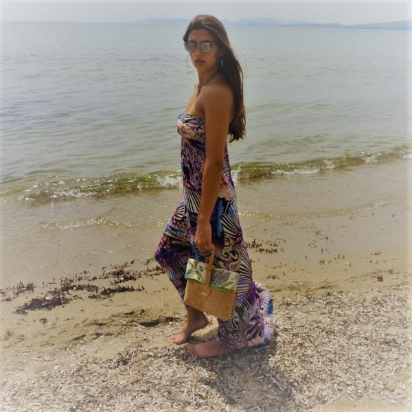 foldover τσάντα φάκελος φελλός boho πράσινο φλοραλ με λουρι καρπου