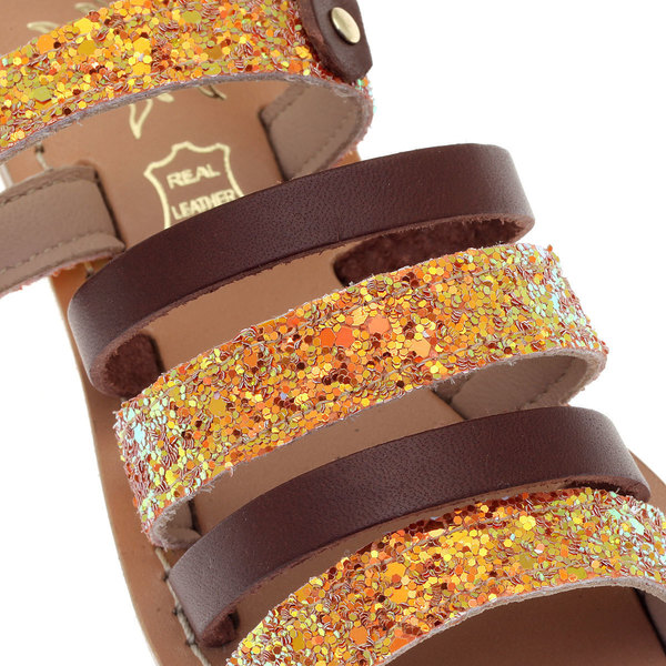Χλόη Δερμάτινο Παιδικό Σανδάλι με Glitter Καφέ/Πορτοκαλί