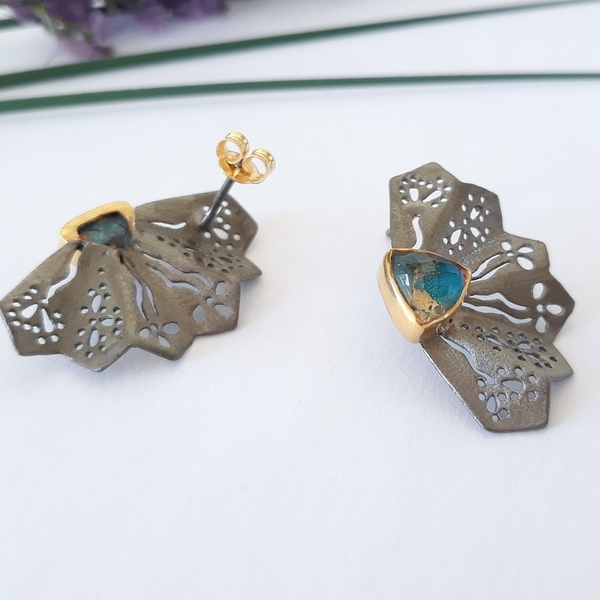 Mini Fan Blue Earrings-Ασημένια Σκουλαρίκια Βεντάλια με Μπλε Πέτρες