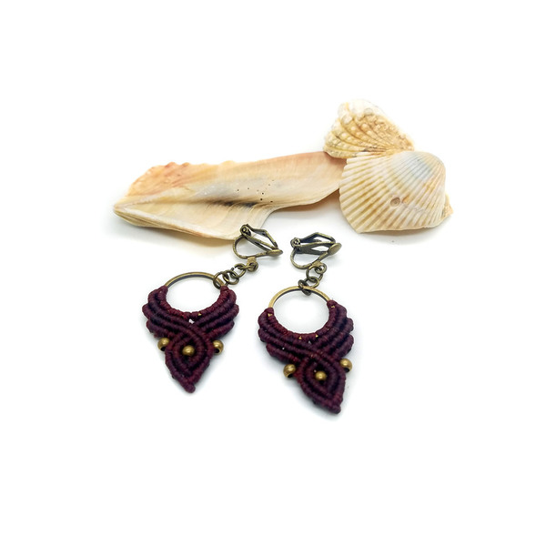 Boho Μωβ Κρεμαστά Σκουλαρίκια Macrame Pierced ή Clip On Sangria Purple Color Boho Vintage Style