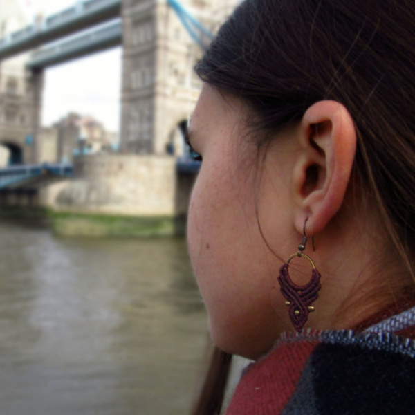 Boho Μωβ Κρεμαστά Σκουλαρίκια Macrame Pierced ή Clip On Sangria Purple Color Boho Vintage Style