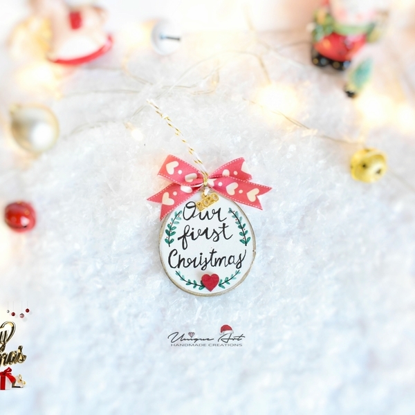 Γούρι 2020 - ροδέλα ξύλου ''Our First Christmas''