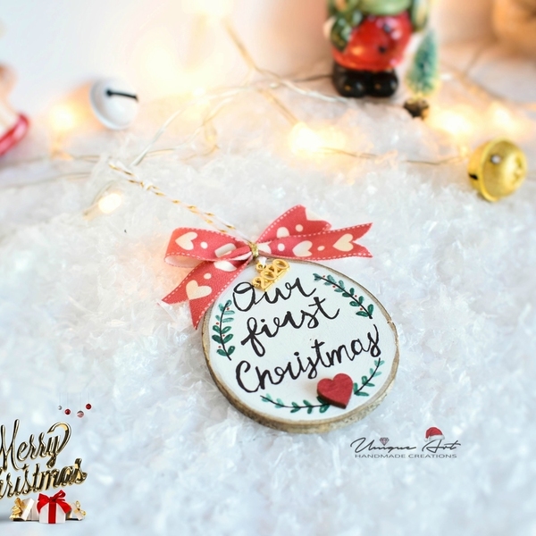 Γούρι 2020 - ροδέλα ξύλου ''Our First Christmas''