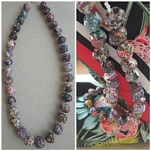 κολιέ μακρύ χάντρες λουλούδια floral, παπιέ μασέ πολύχρωμο