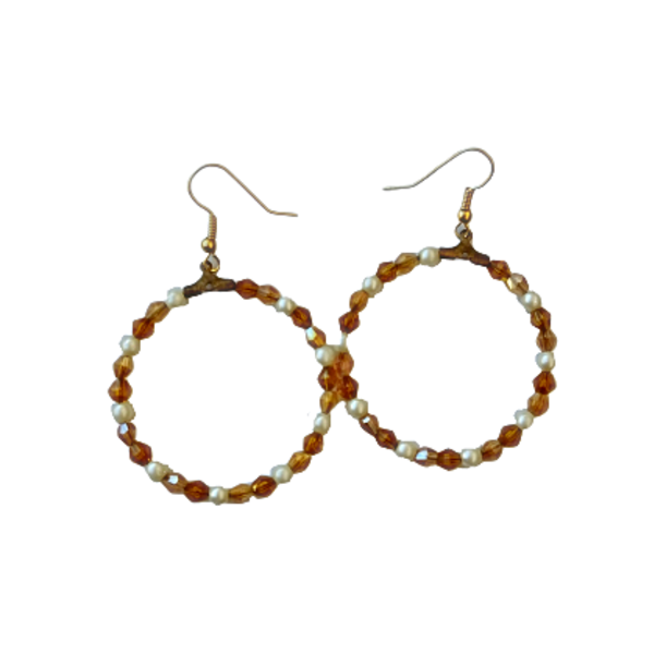 μικροί κρίκοι με χρυσά, καφέ κρύσταλλα swarovski και πέρλες