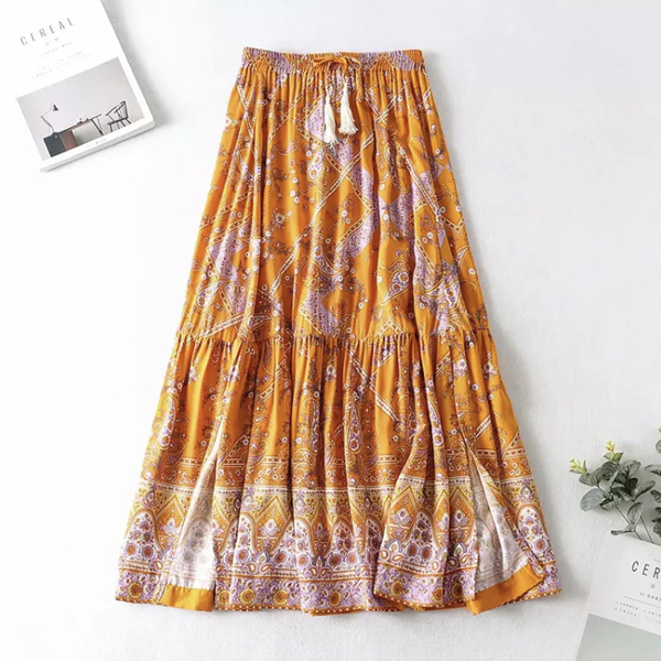 Boho maxi φούστα πορτοκαλί με βολάν και άνοιγμα στο πλαι