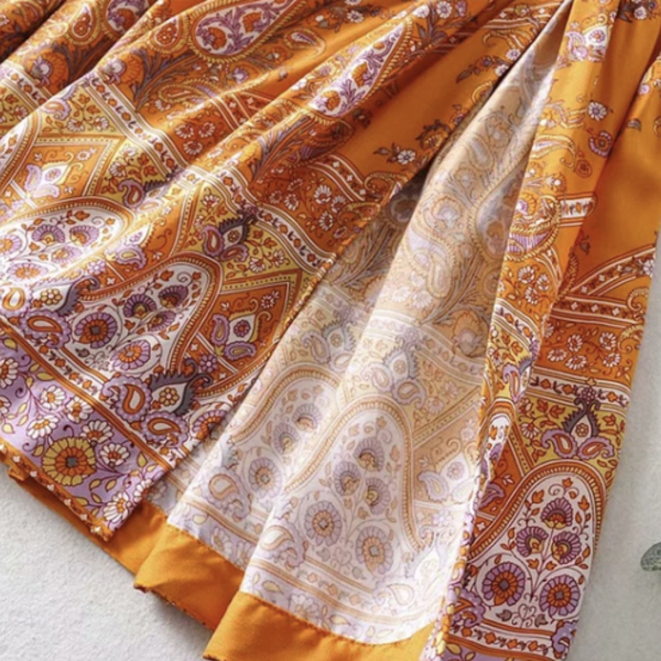 Boho maxi φούστα πορτοκαλί με βολάν και άνοιγμα στο πλαι