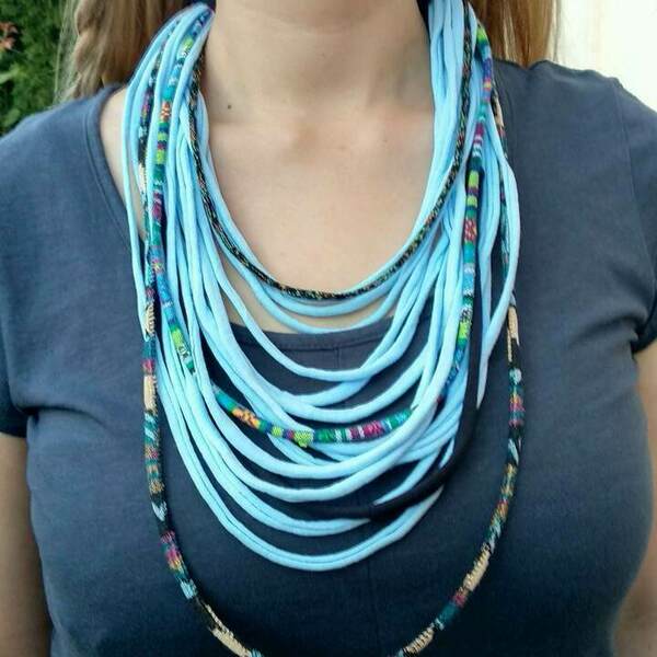 Boho Κολιέ scarf necklace/ υφασμάτινα noodles και κορδόνια