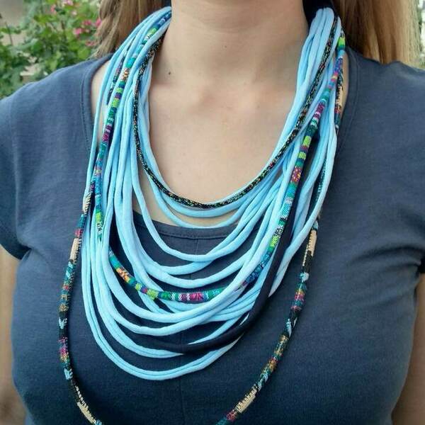 Boho Κολιέ scarf necklace/ υφασμάτινα noodles και κορδόνια